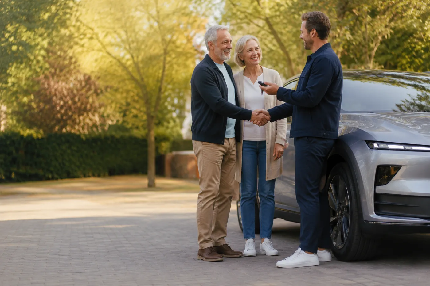 A used electric car changing hands, keys passed to a confident buyer