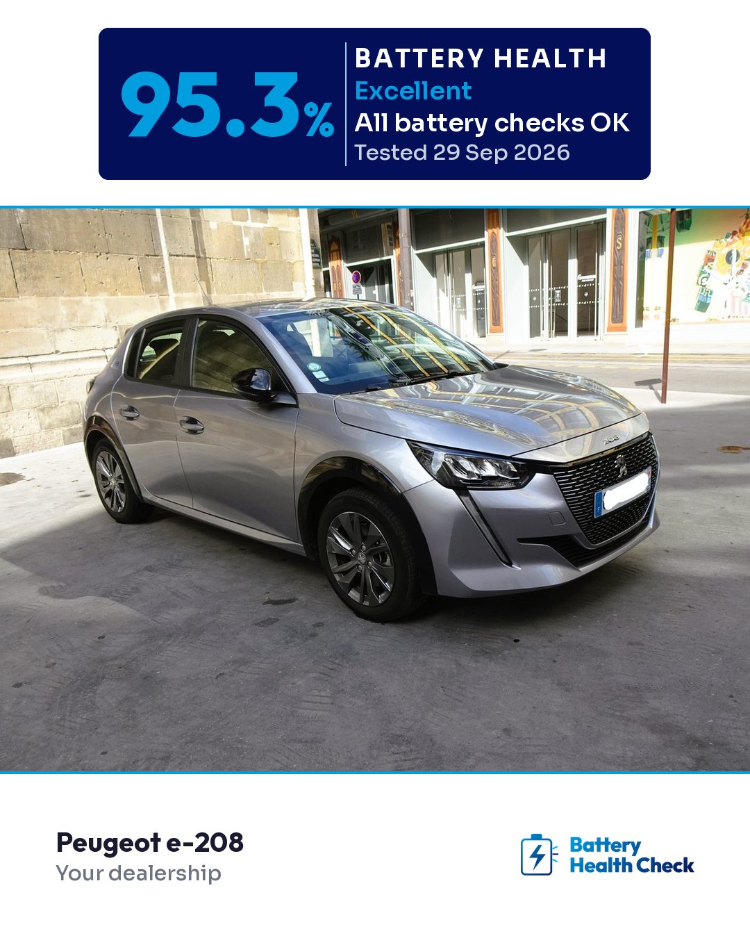 The same photo framed for Instagram: battery health 95.3%, Excellent, all battery checks OK, tested 29 Sep 2026, with the Battery Health Check logo