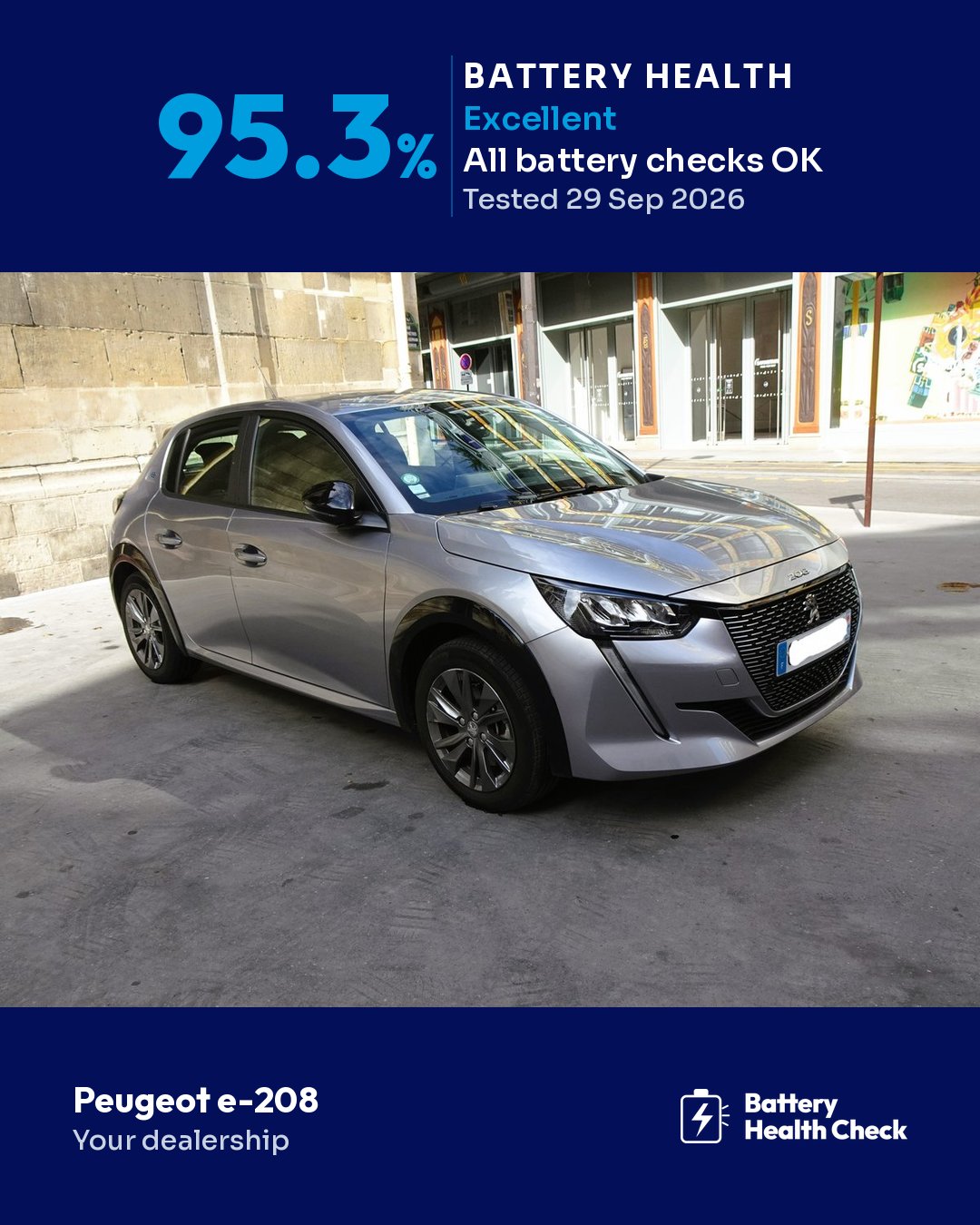 The same photo framed for Instagram: battery health 95.3%, Excellent, all battery checks OK, tested 29 Sep 2026, with the Battery Health Check logo